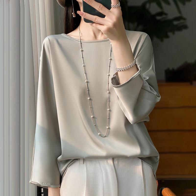 T-shirt à manches trois-quarts pour femmes, chemisier en satin monochrome décontracté, col rond, t-s