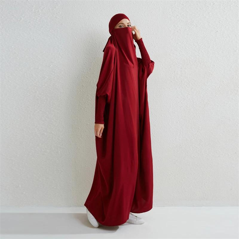 Abaya musulman à capuche manches smockées une pièce Robe de prière femmes Jilbab vêtements islamique