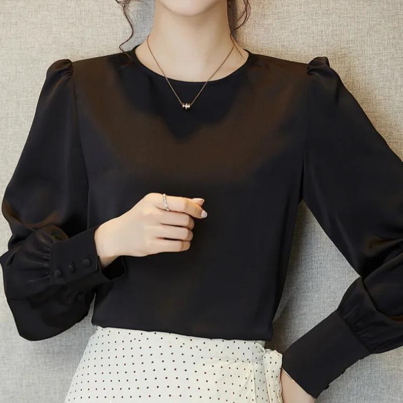 Chemise en soie glacée à manches longues et col rond pour femmes, chemisier monochrome en satin acét