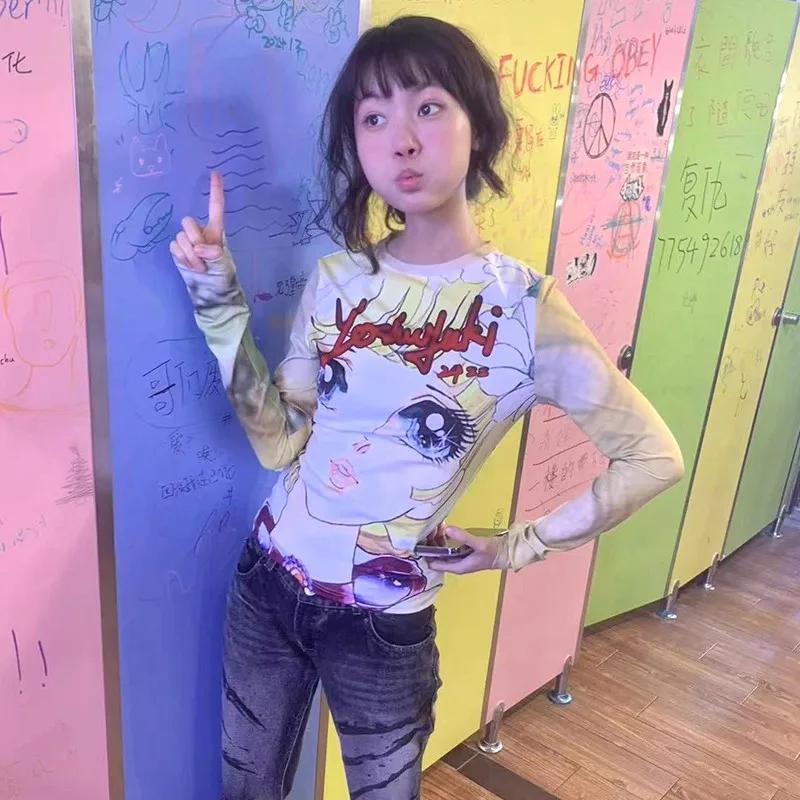 Karrram japonais Y2k Anime imprimé T-shirt 2000s esthétique à manches longues T-shirt Vintage Haraju