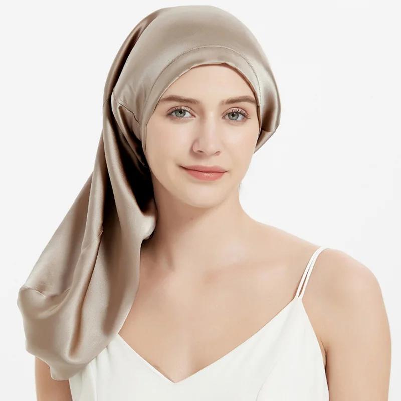 Bonnet de sommeil en soie de mûrier 100%, Bonnets longs avec bande de cravate élastique, bretelles r