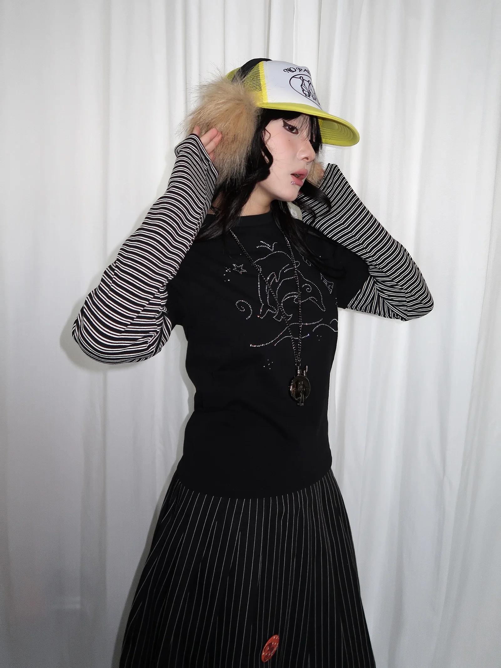 Tonngirl Y2k T-shirt Vintage femmes à manches longues Patchwork japonais années 2000 Grunge hauts St