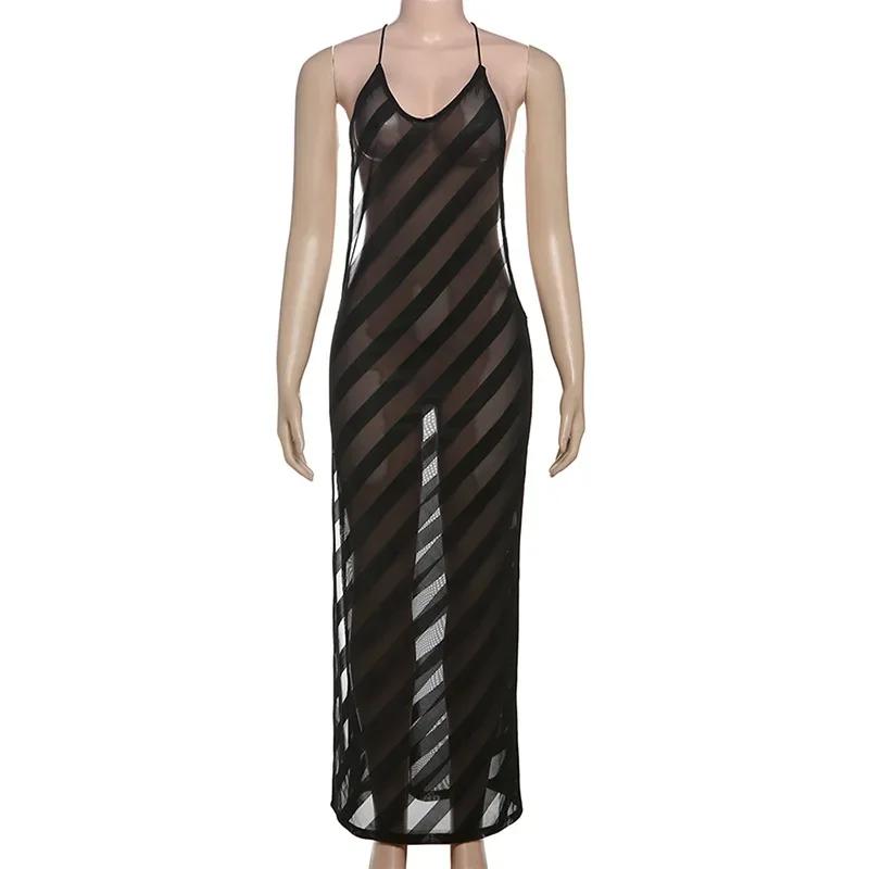 Maille voir à travers Sexy licou fête Club Maxi robe fendue tenues femmes été sans manches dos nu mo