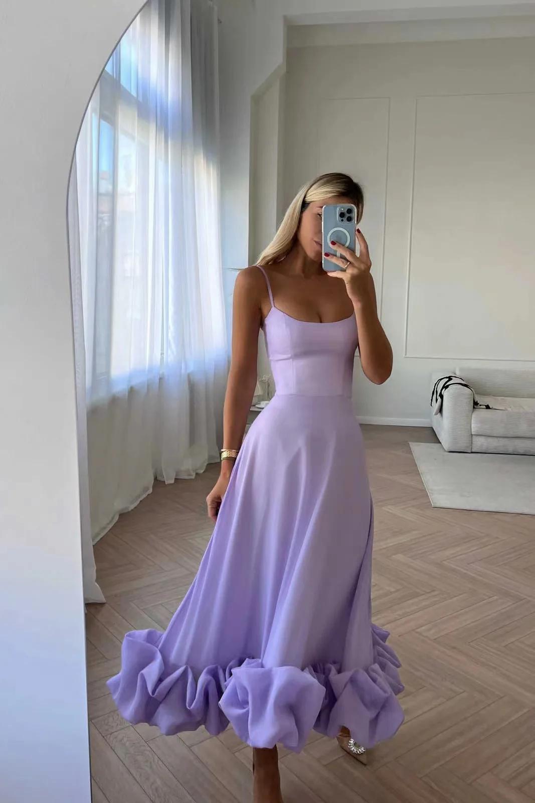 Robe longue élégante à volants pour femmes, jupe trapèze, jupe trapèze, monochromatique, sangle à la