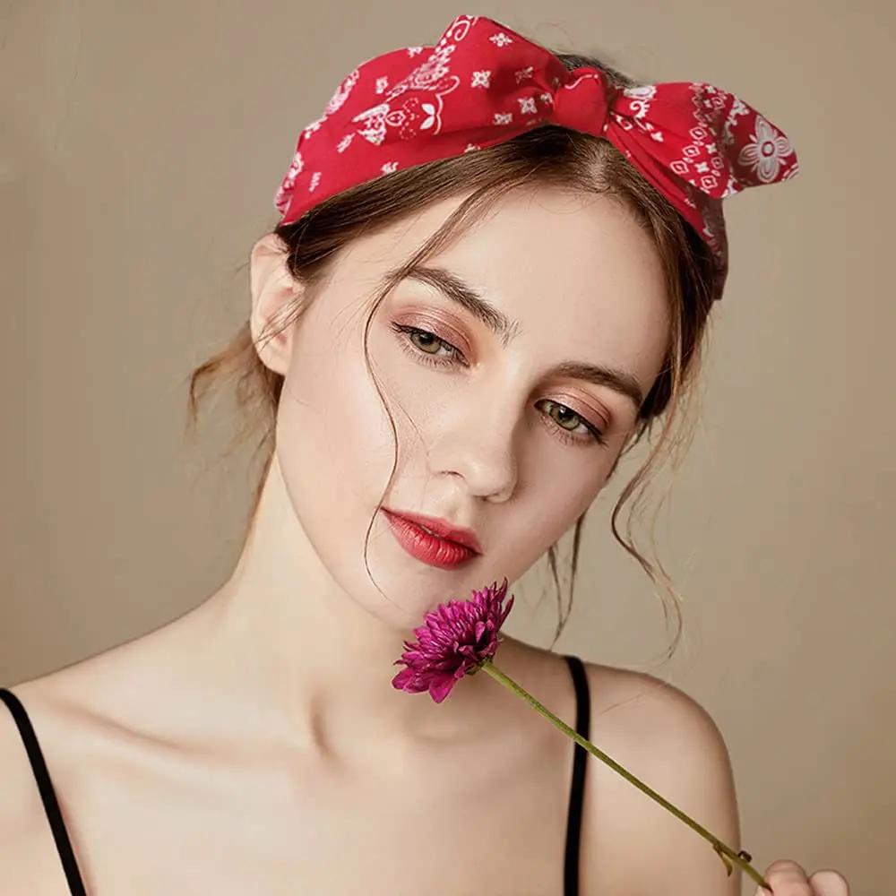 Bandeau de sauna Paisley Bandana pour femmes, nœud noué haut, bandeaux d'oreille de lapin mignons, t