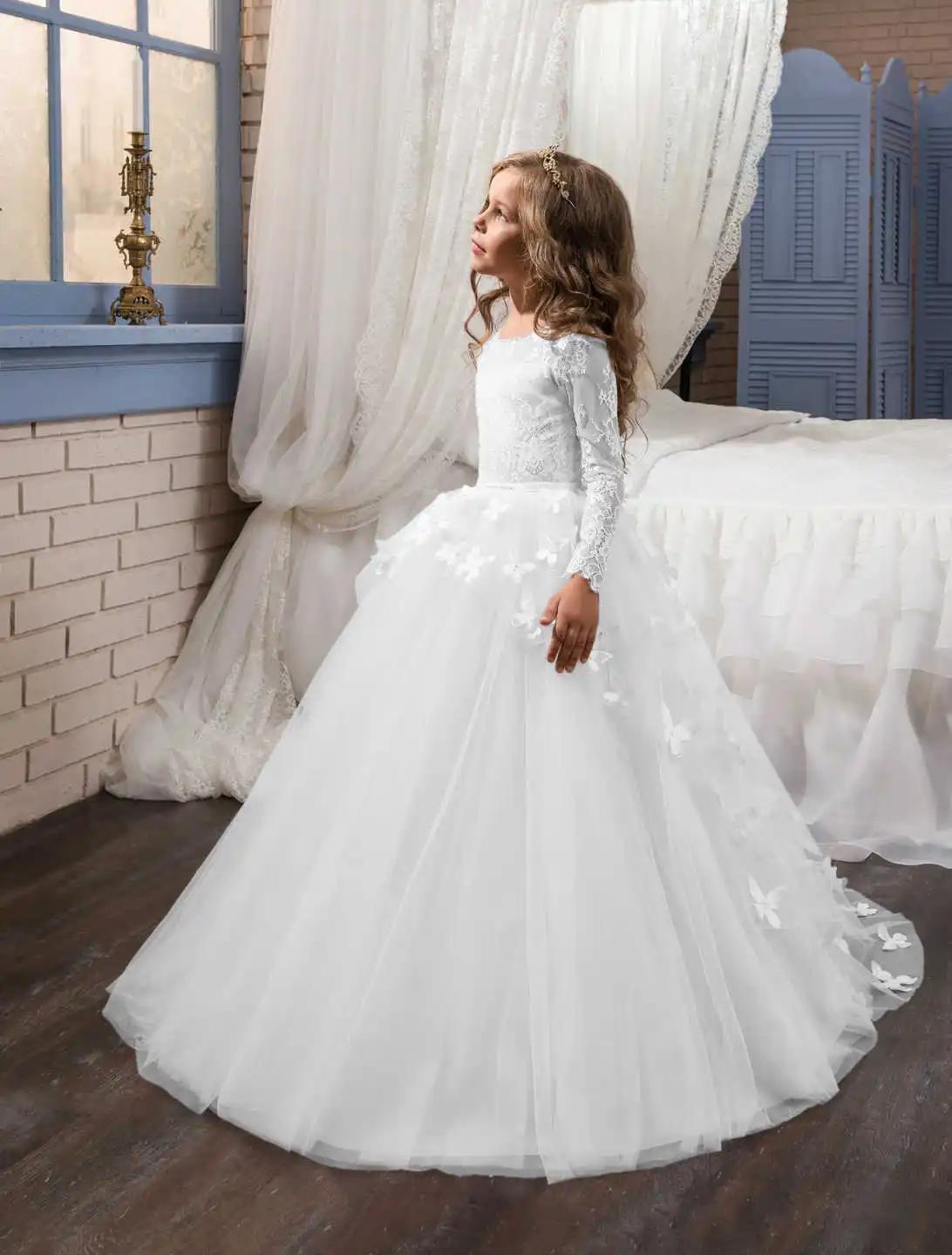 Robe de mariée élégante et ravissante pour fille de fleur, robe de bal en dentelle à manches longues