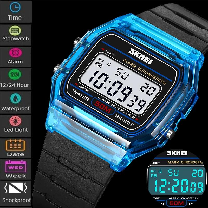 Skmei-Montres numériques étanches pour femmes, boîtier transparent, bracelet en TPU, LED, montre-bra