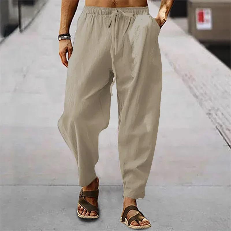 2025 hommes coton lin pantalon été et automne solide taille haute pantalon à jambes larges mâle lâch