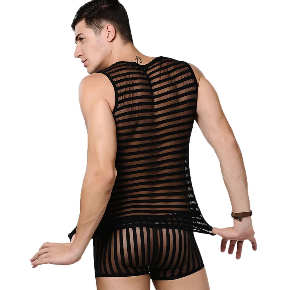 Débardeur Transparent rayé en maille pour hommes, noir, Sexy, à séchage rapide, mode décontractée, é