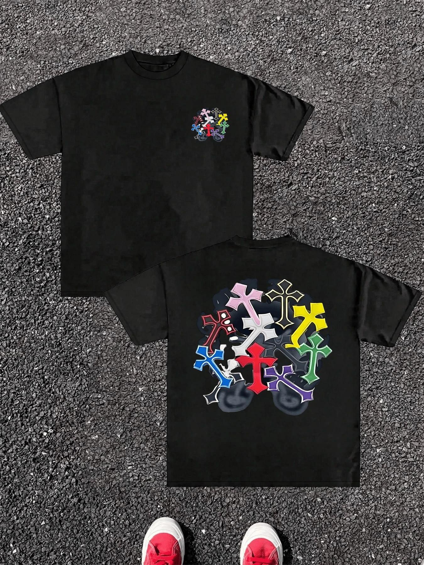 T-shirt pour homme en pur coton, impression numérique double face avec croix colorées, graphique uni