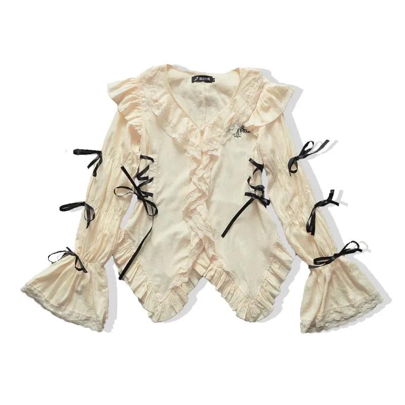 Chemise en dentelle esthétique, chemisiers irréguliers gothiques grunge, chemise bandage Harajuku, v