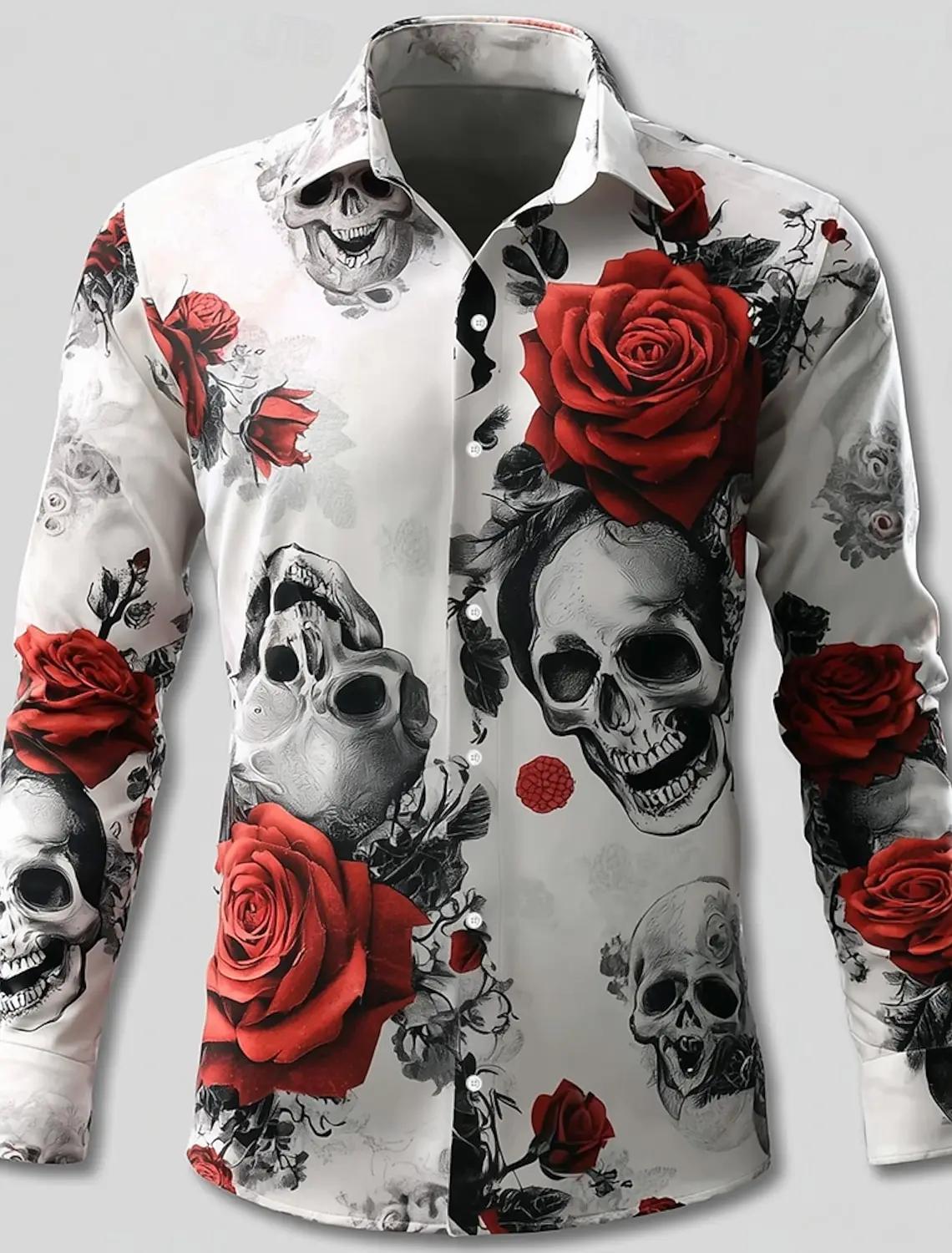 Chemise boutonnée à manches longues pour hommes, squelette Rose Skulls, Style gothique foncé, Street