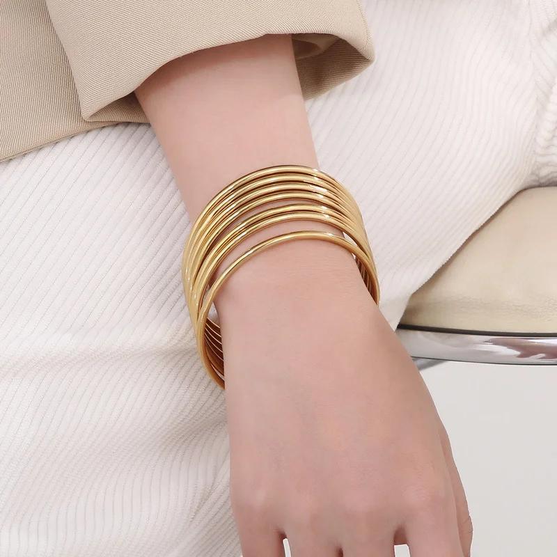 Bracelet Simple en acier inoxydable pour femmes et hommes, couleur or argent, fil géométrique rond, 