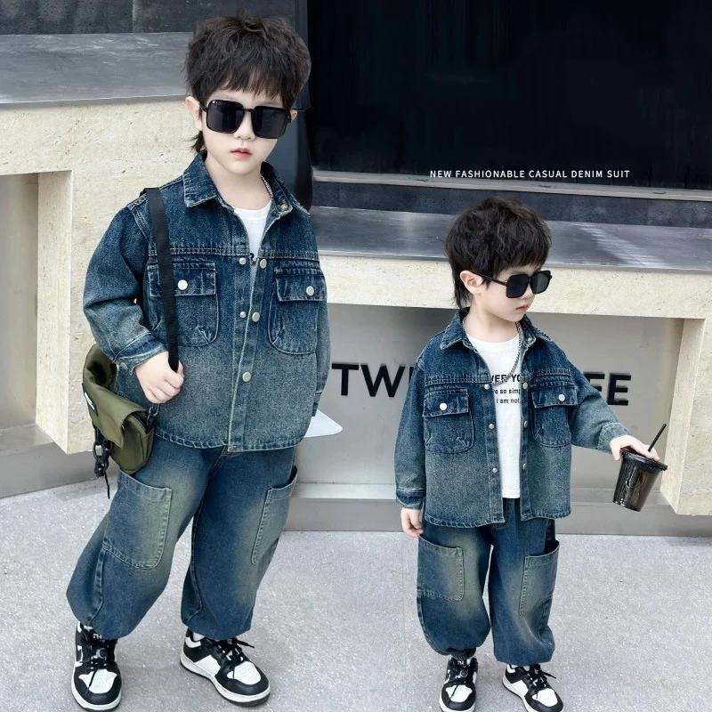 Ensemble en jean pour garçons, 2 pièces, vêtements pour enfants, veste en coton tendance, pantalon, 