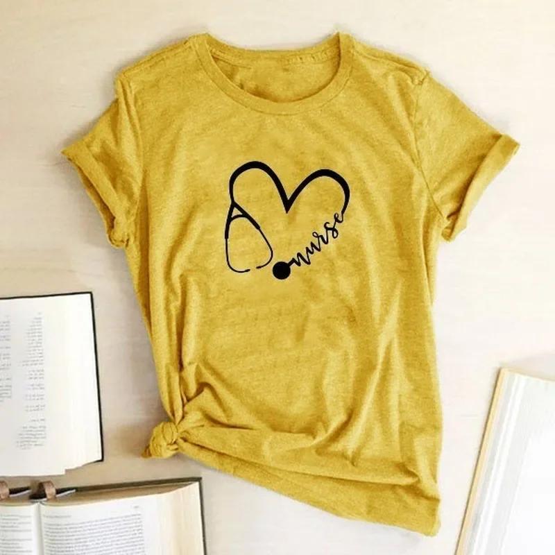 T-shirt col rond femme, estival et à manches courtes, avec stéthoscope et cœur imprimé