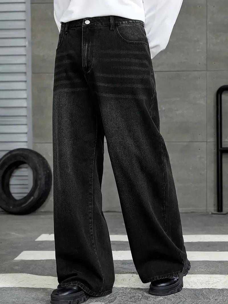 Jean à jambes larges en denim noir coupe ample pour hommes avec détails de lavage brut – Vêtements c
