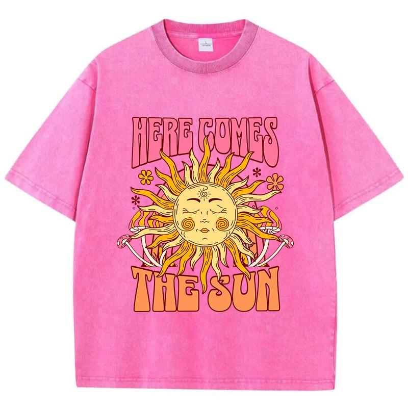 T-Shirt délavé surdimensionné pour femmes, en coton, imprimé ici arrive le soleil, décontracté, col 