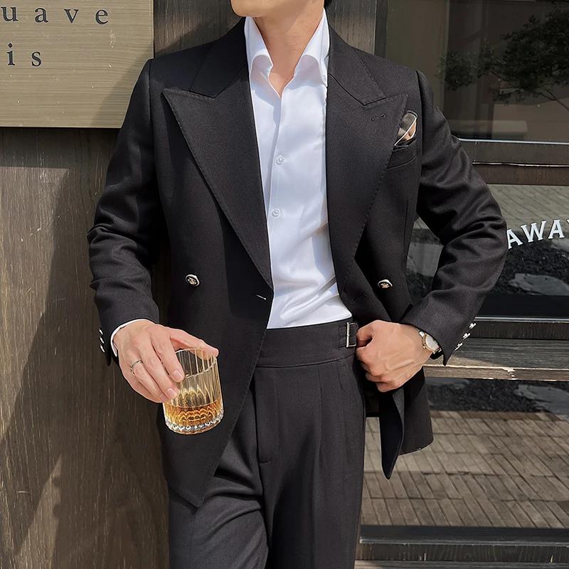 Blazers à double boutonnage de style britannique pour hommes, optique de document solide, vestes cha