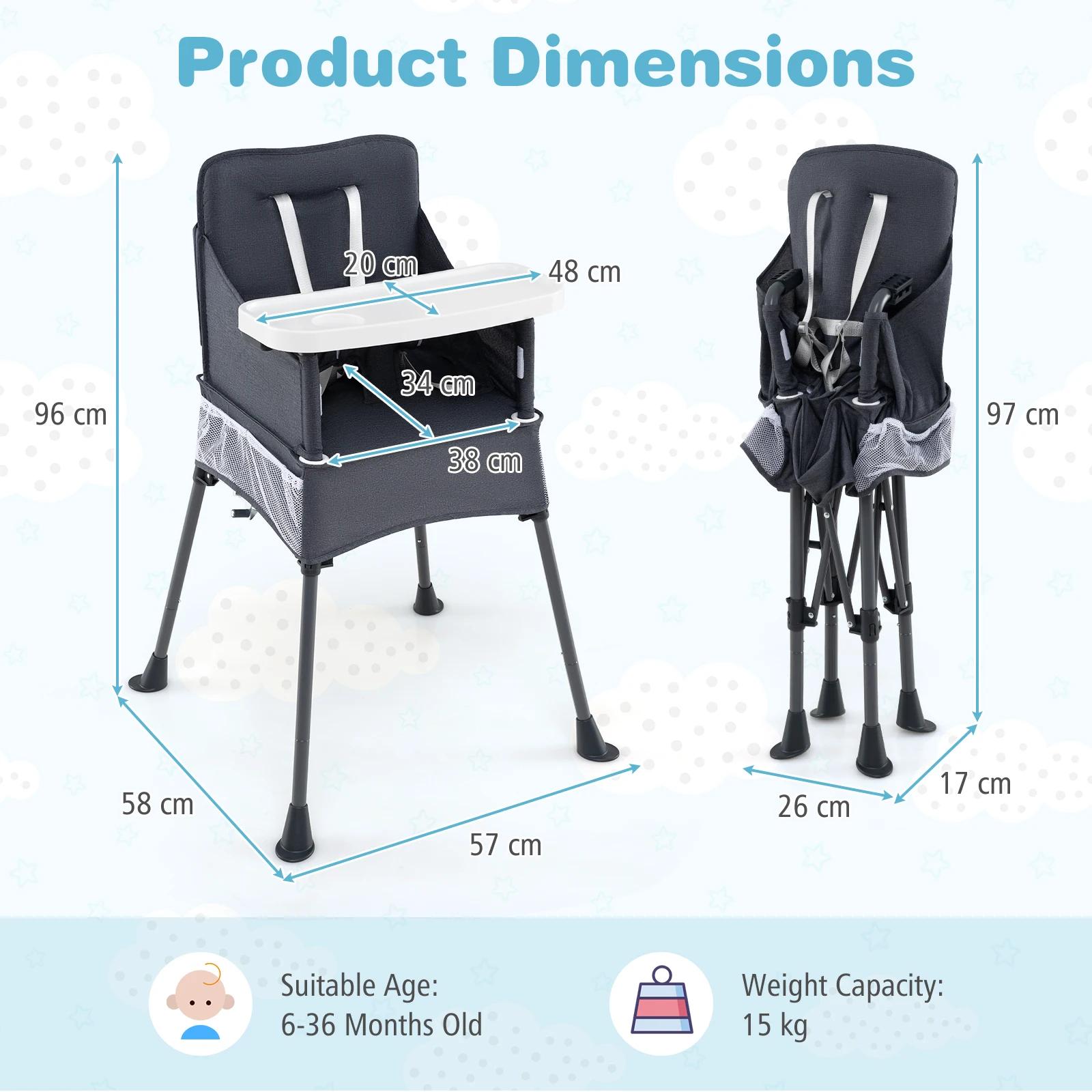 Chaise haute pliante pour bébé avec plateau réglable, sac de rangement et ceinture de sécurité, chai