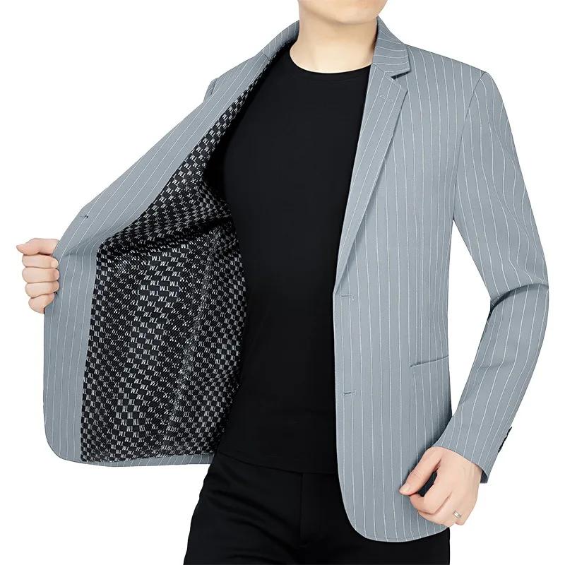 Blazer Homme Printemps-Automne Rayé Fin Col Rabattu Veste de Costume Respirante à Manches Longues av