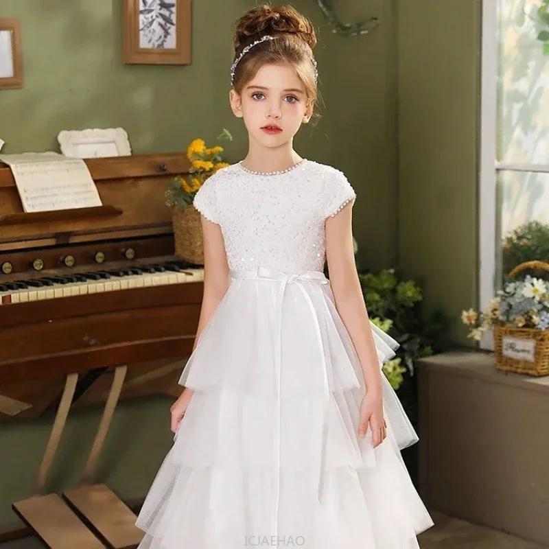 Robe de mariée blanche pour filles, tenue de princesse de spectacle pour enfants, Costume pour fête 