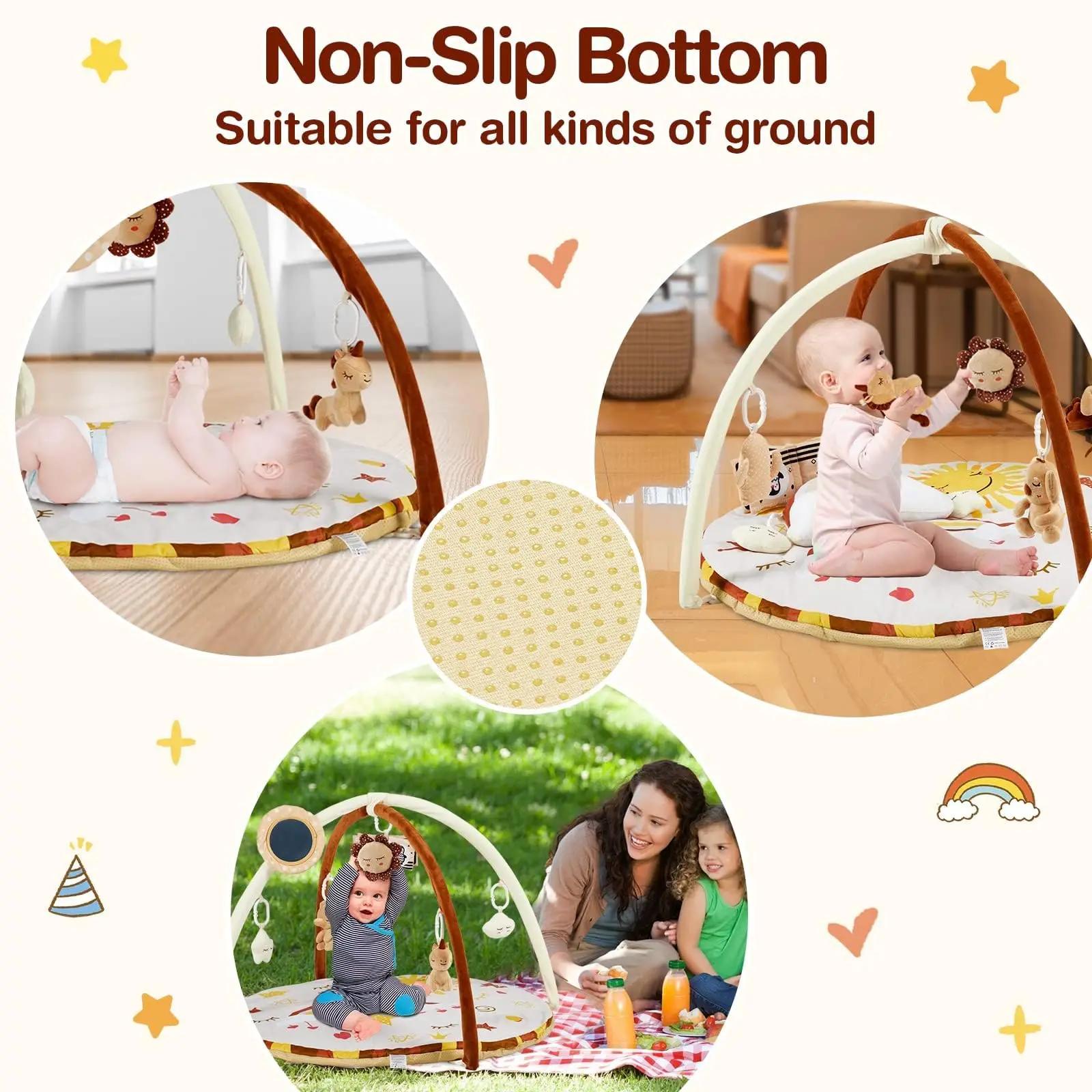 Tapis de jeu pour bébé avec arche d'activités 2-en-1, tapis antidérapant avec 9 jouets sensoriels dé