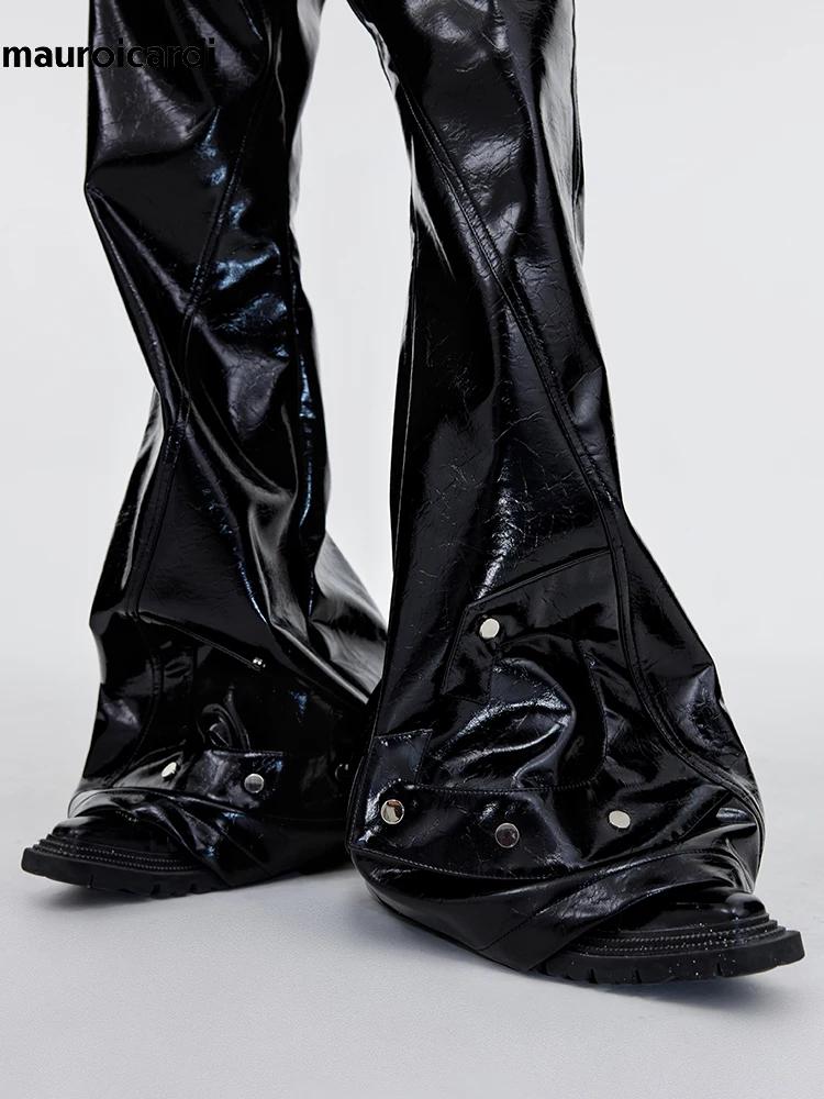 Mauroicardi printemps automne Cool noir brillant réfléchissant Pu cuir Flare pantalon pour hommes ha