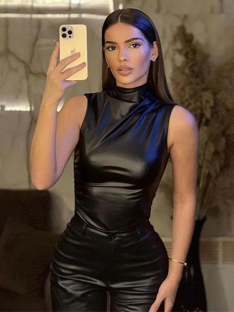 Débardeur Vintage Pu Simple pour femmes, Y2K, basique, taille haute, slim, coupe Shrunk, hauts sans 