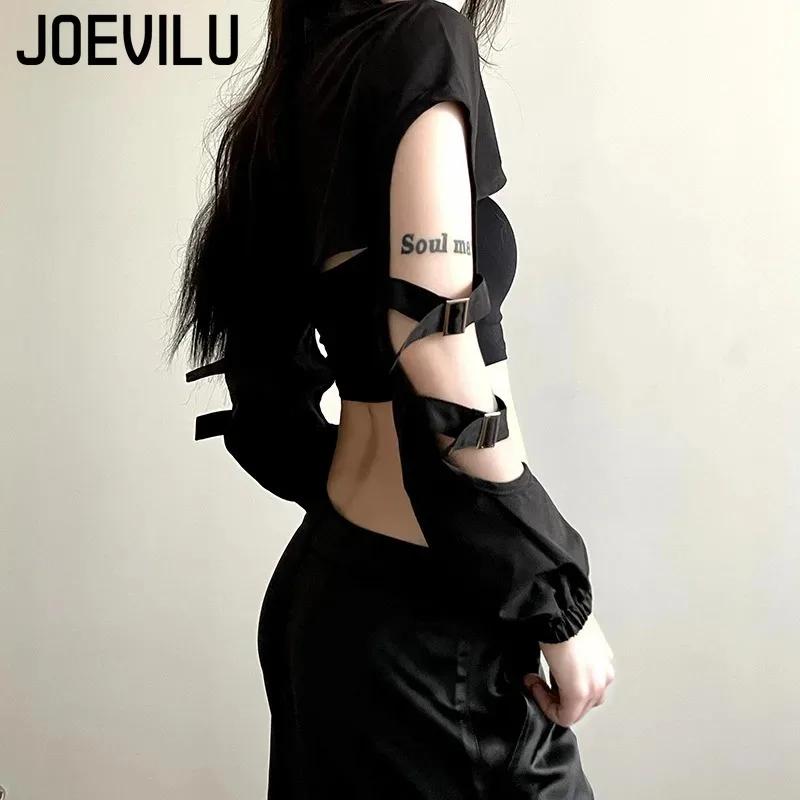 JOEVILU Femmes Cyberpunk Goth Harajuku Récolte Hauts Manches Longues Évider Fermeture Éclair T-shirt
