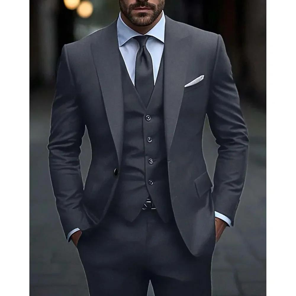 Costumes pour hommes gris foncé de haute qualité, coupe cintrée, simple boutonnage, revers, élégant,
