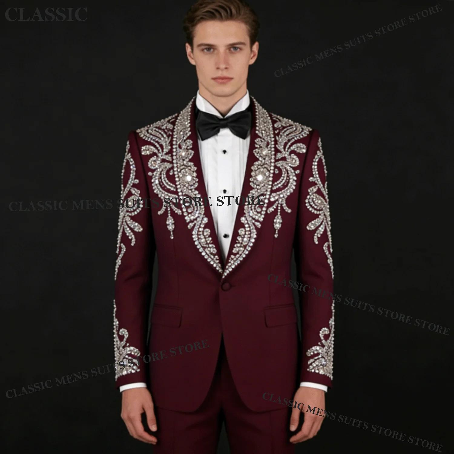 Costumes de luxe personnalisés pour hommes, en diamant, de haute qualité, avec strass, pour mariage,