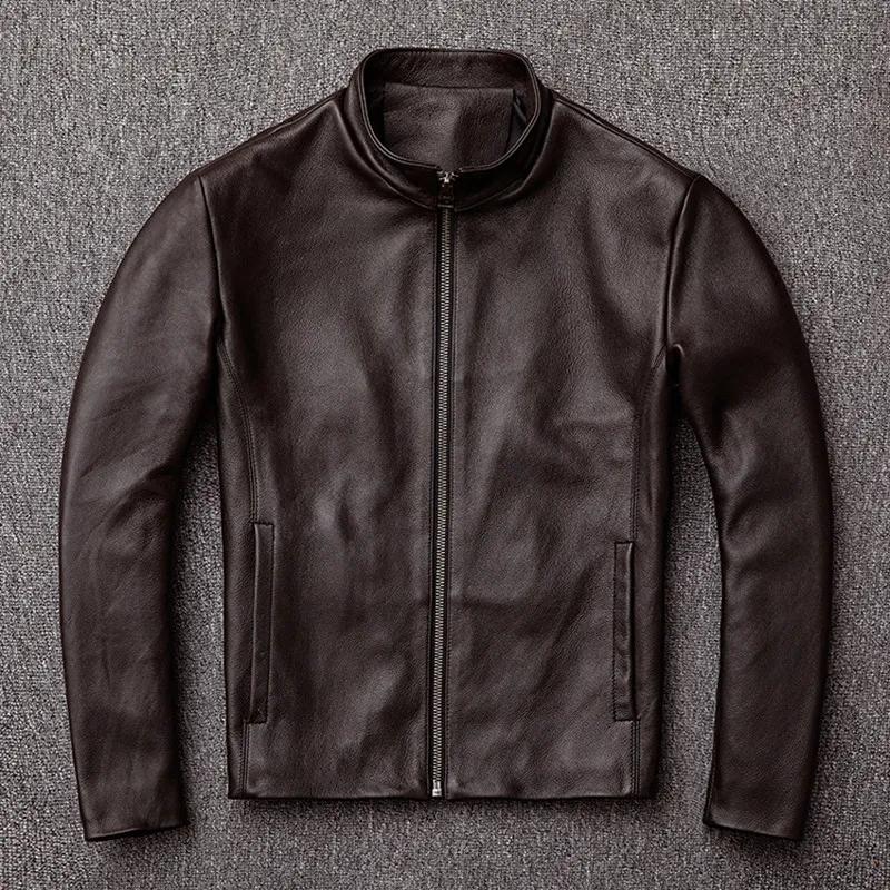 Veste en cuir véritable pour homme, coupe slim, col montant, première couche de cuir de vachette, vê