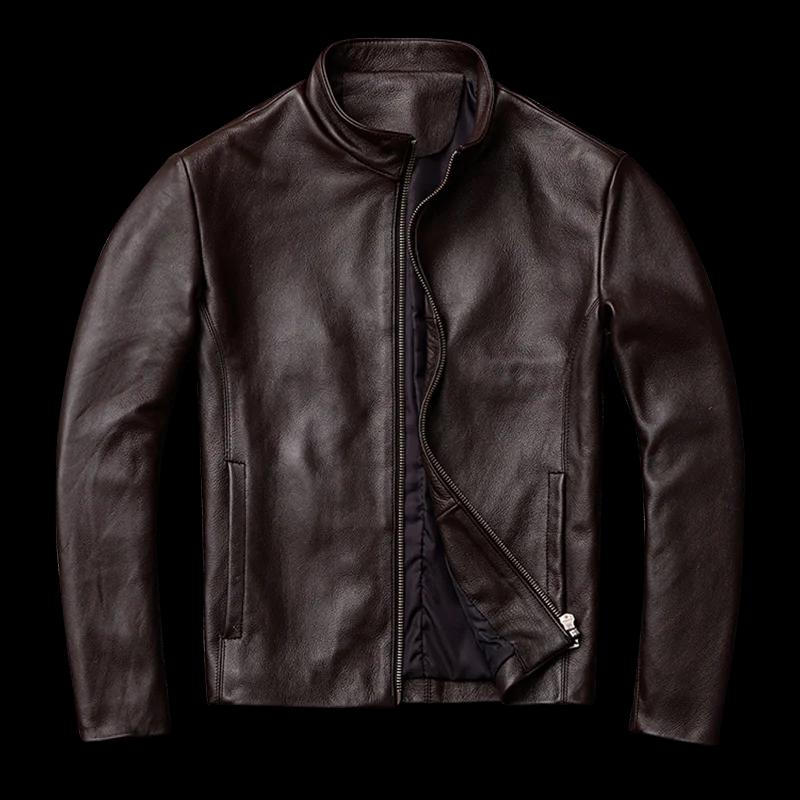 Veste en cuir véritable pour homme, coupe slim, col montant, première couche de cuir de vachette, vê