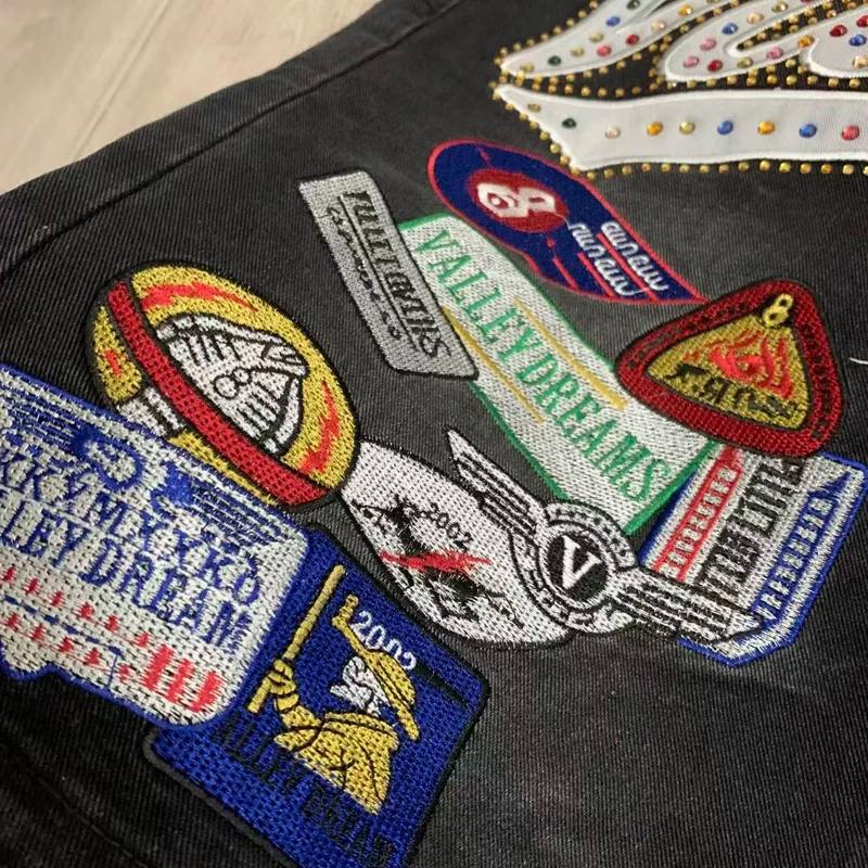Shorts en jean unisexe avec patch brodé VALLEY en strass colorés, coupe droite ample, haute qualité
