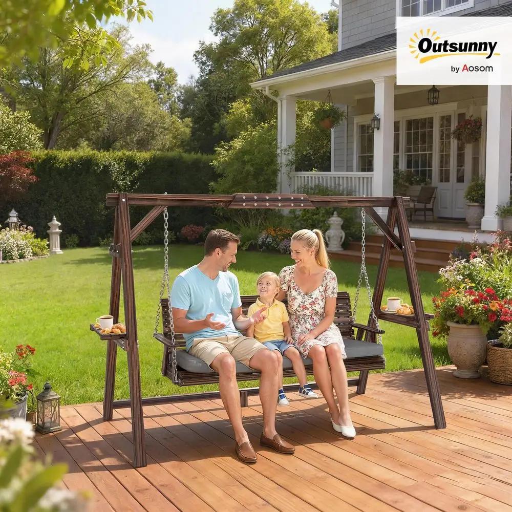 Balançoire de véranda 3 places avec support, chaise de patio en bois avec coussin, plateaux latéraux