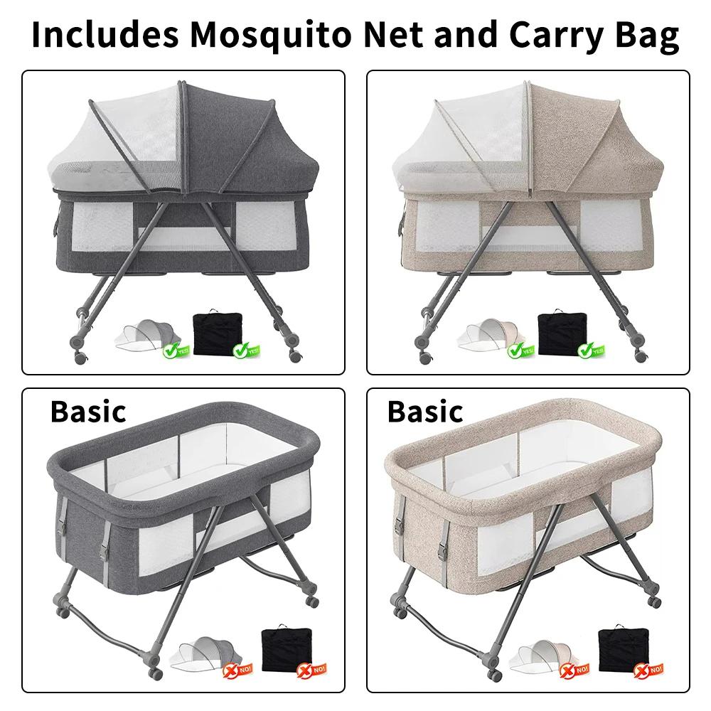 Lit de voyage convertible 4-en-1 pour bébé – Berceau à bascule avec roues silencieuses, design pliab