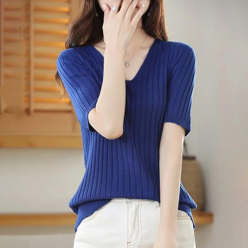 Pull tricoté en cachemire à manches courtes et col en v pour femme, pull de couleur unie, nouvelle c