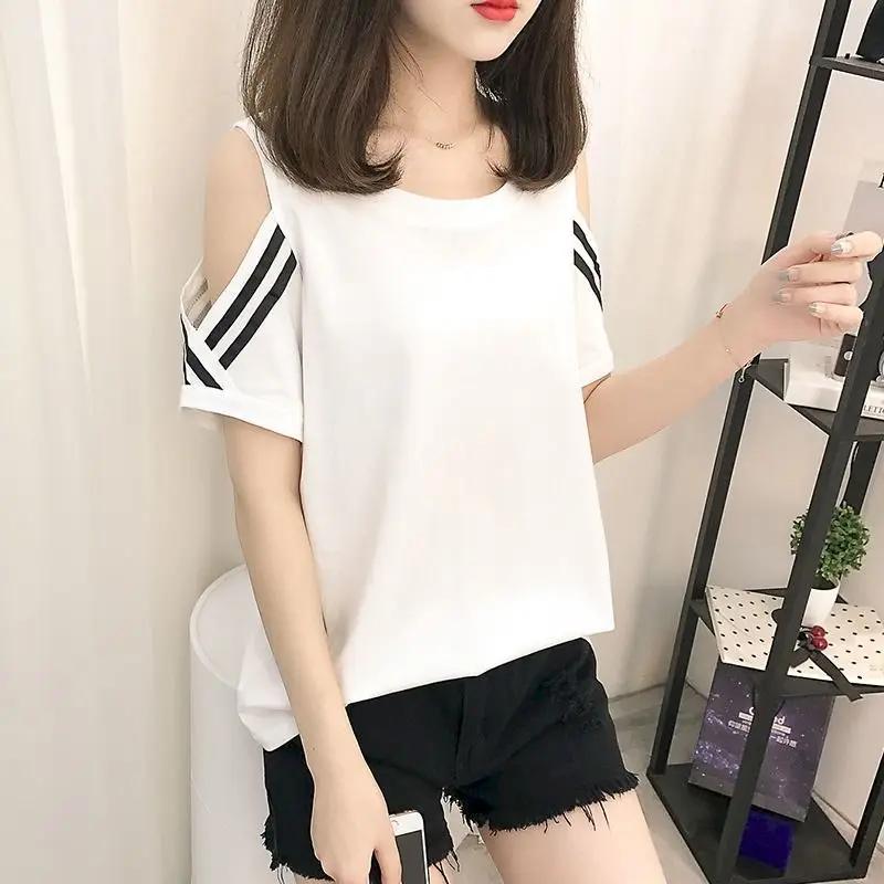 T-shirt ample à manches courtes pour femme, haut estival et fin, surdimensionné, à épaules dénudées,