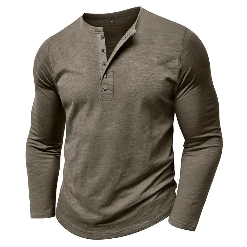 Nouveau automne T-Shirt à manches longues hommes décontracté dessus de couleur unie col Henley mince