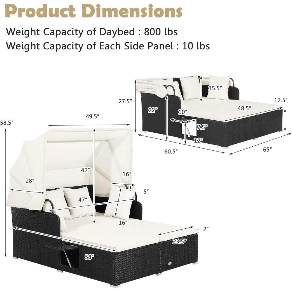 Lit de repos en rotin pour patio, chaise longue en osier Patiojoy avec auvent rétractable, 2 panneau