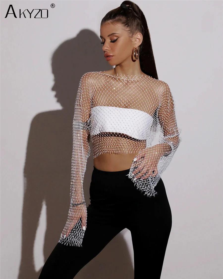 T-shirt en résille transparent pour femmes, Sexy, paillettes, strass, maille creuse, manches longues