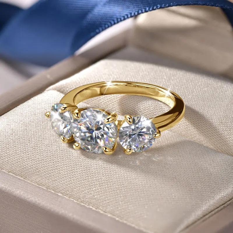 Lnngy – bague de fiançailles ronde en Moissanite pour femmes, 8mm et 6.5mm, en or 14K, trois pierres