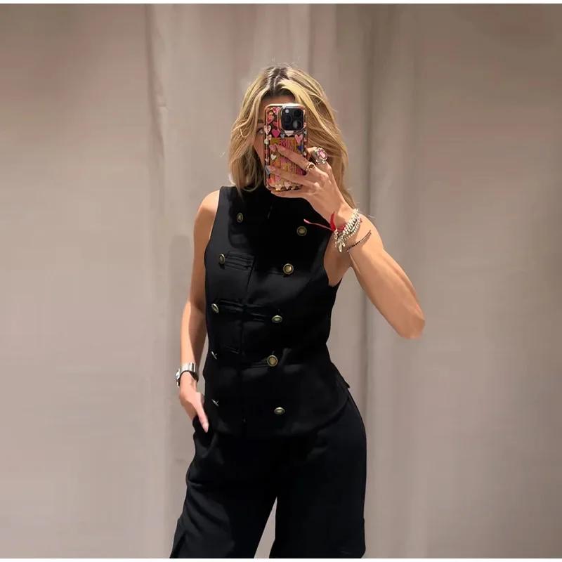 Top Femme Printemps 2026 Nouveau Noir Sans Manches avec Nœud Décoratif Coupe Ajustée Gilet Unique Te
