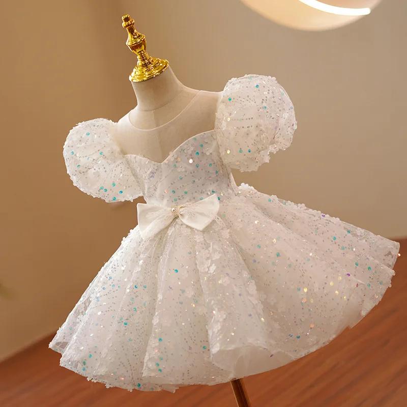 Robe pour enfants blanc gonflé Tulle haut de gamme défilé de mode anniversaire robe de princesse élé