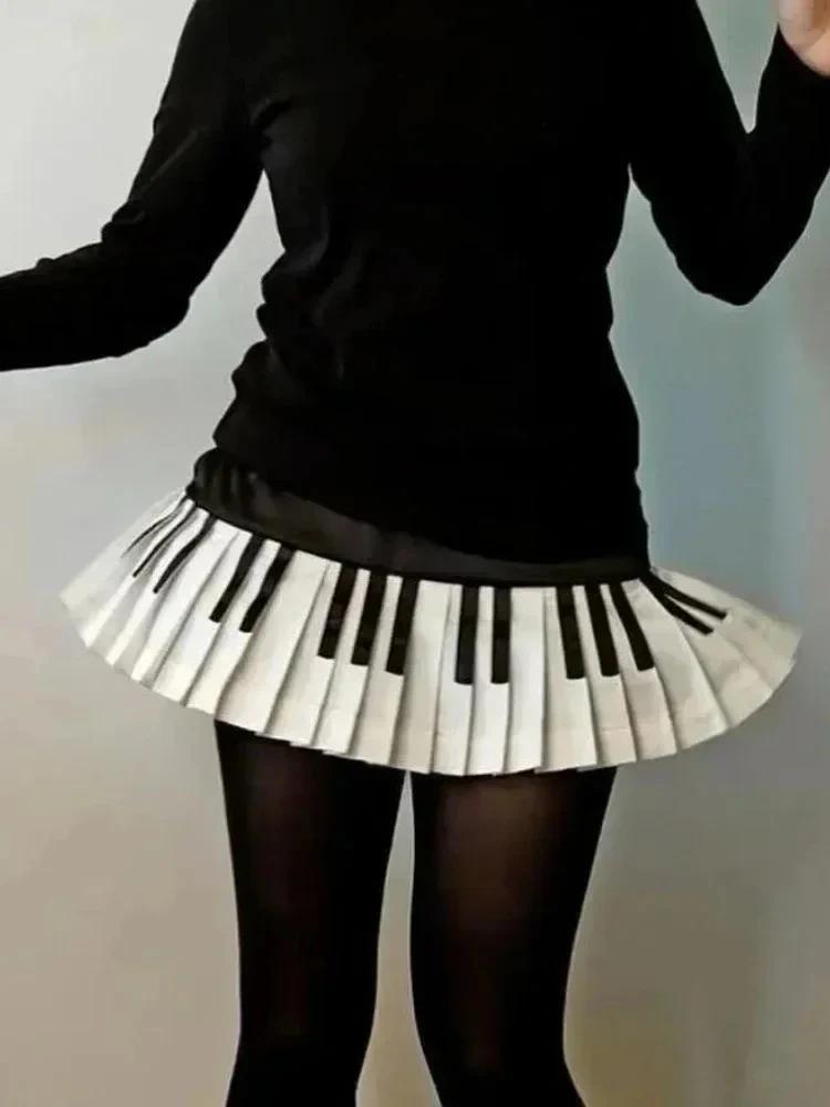 Jupe plissée vintage piano noir et blanc de style doux et épicé pour femmes, nouveau design de print