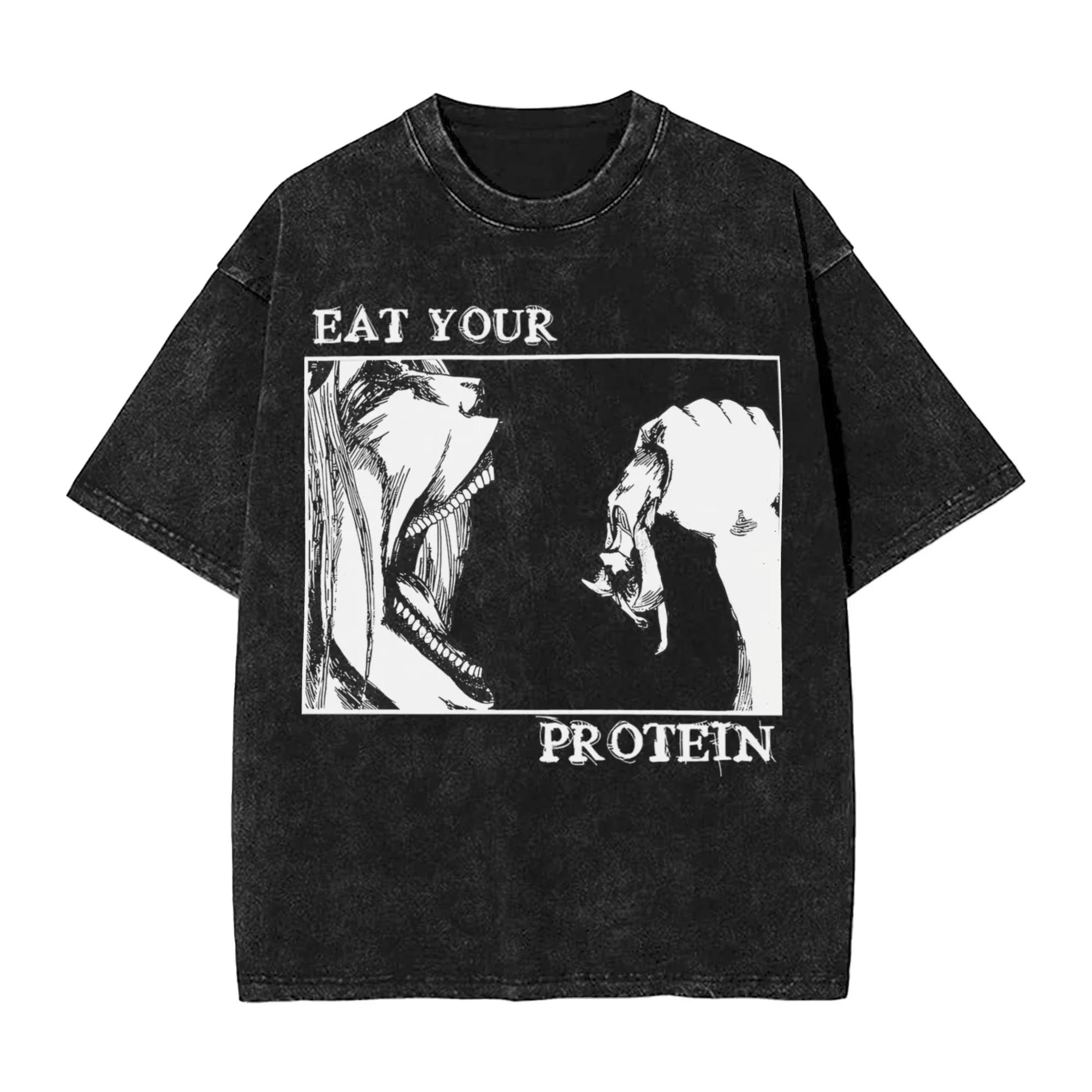 T-shirts délavés Hip Hop Streetwear pour Hommes et Femmes, motif 'Eat Your Protein' et Eren Yeager L