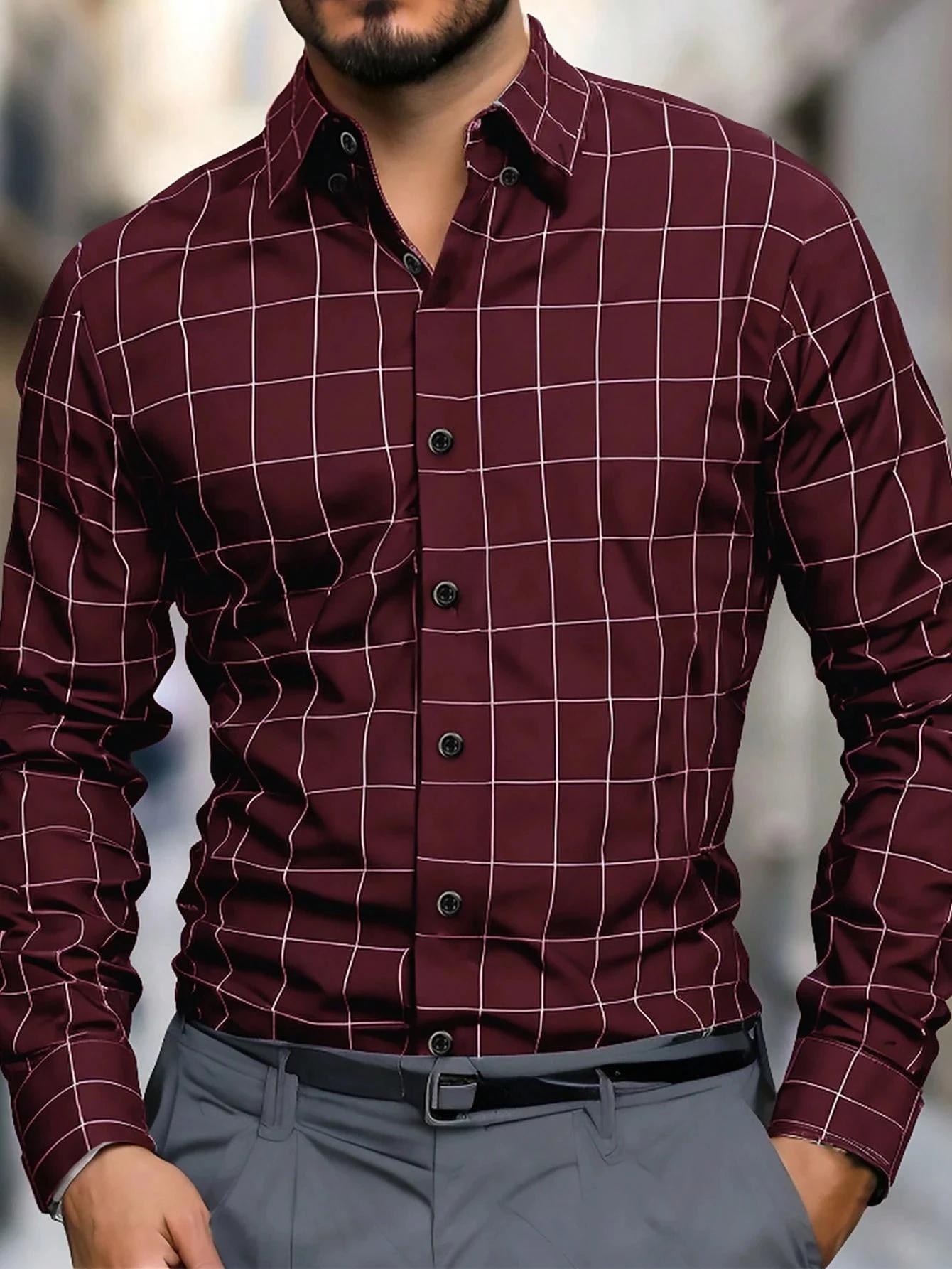 Chemise à carreaux de couleur unie pour hommes chemise boutonnée à manches longues affaires décontra