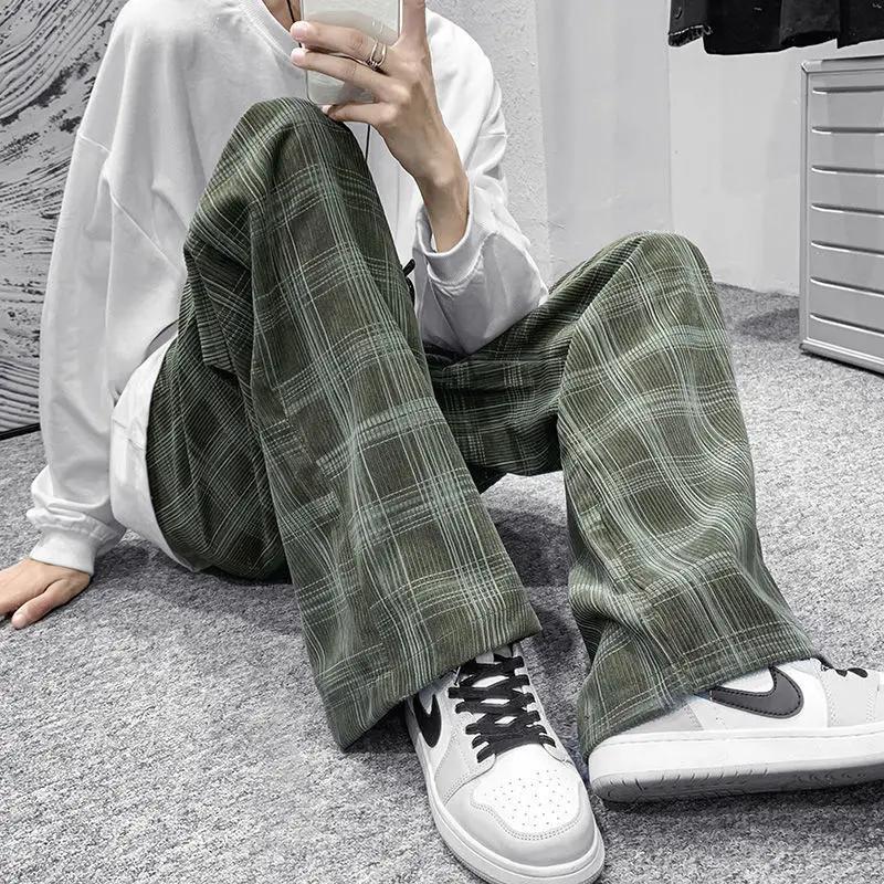 Printemps été velours côtelé Vintage Plaid pantalon hommes Streetwear jambe large Baggy pantalon Har