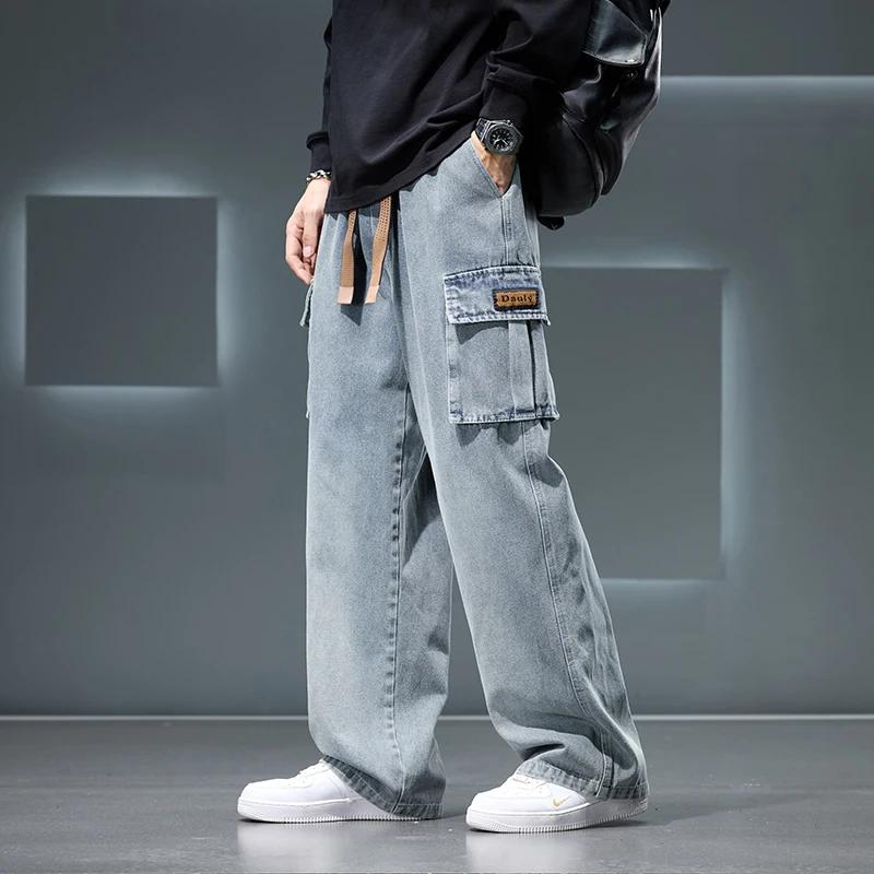 Automne nouveau jambe large lavage Jean pantalon hommes pantalon neutre couleur unie ample décontrac
