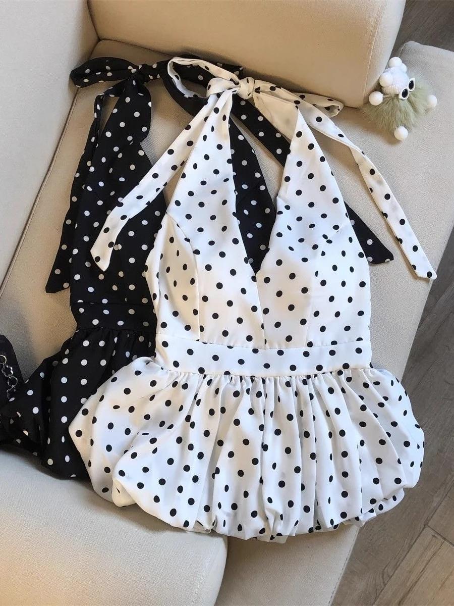 Nouveau débardeur court sexy dos nu pour femme, style babydoll de plage, à pois, col en V, sans manc